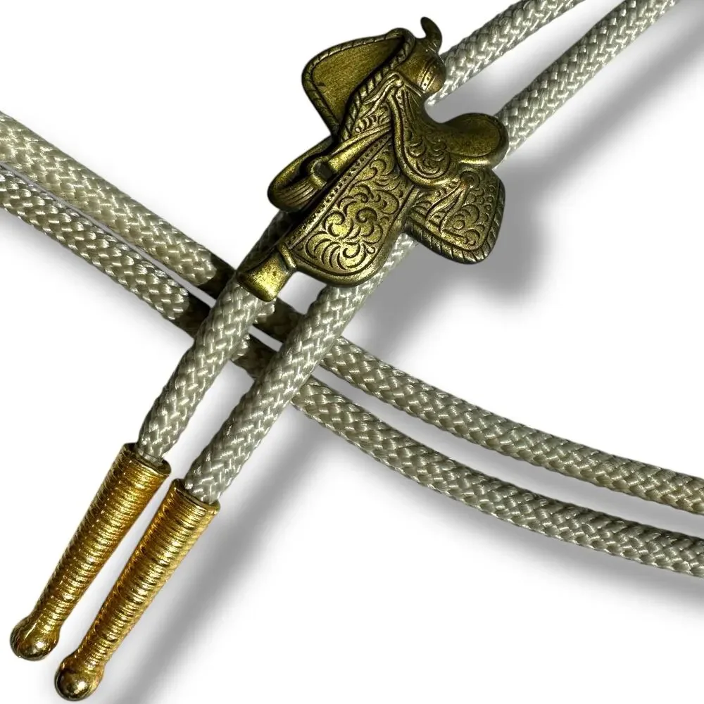 Vtg Bolo Tie Horse Saddle Metal Ends Nylon Cord Necklace Western Rodeo Cowboy
